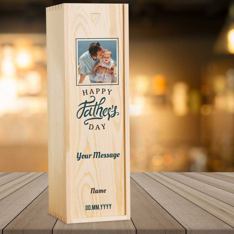 Any Photo And Message Happy Father's Day Blue - Personalised Wooden Single Wine Box