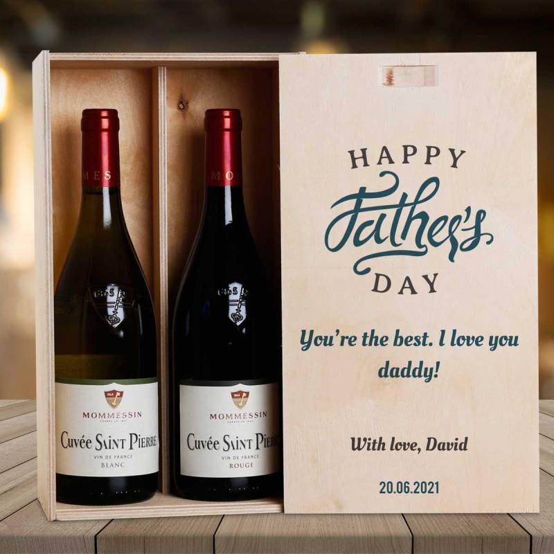 Any Message Happy Father's Day Blue - Personalised Wooden Double Wine Box