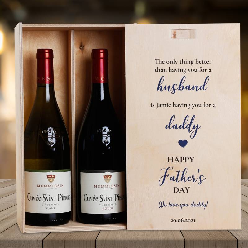 Any Message Happy Father's Day Husband And Daddy Blue - Personalised Wooden Double Wine Box