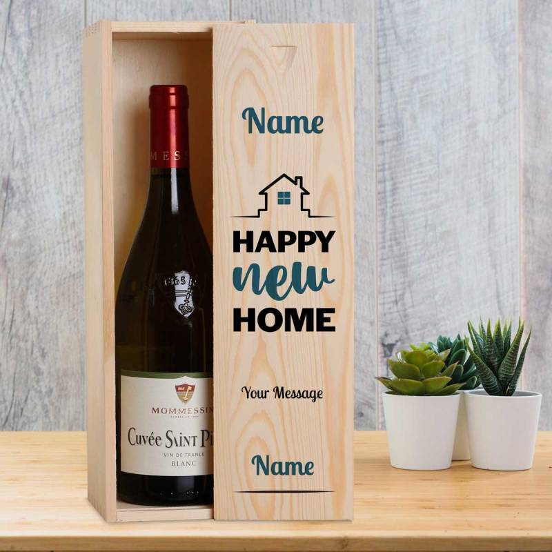 Any Name And Message Happy New Home Blue - Personalised Wooden Single Wine Box