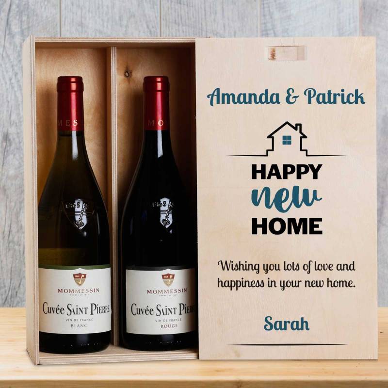 Any Name And Message Happy New Home Blue - Personalised Wooden Double Wine Box