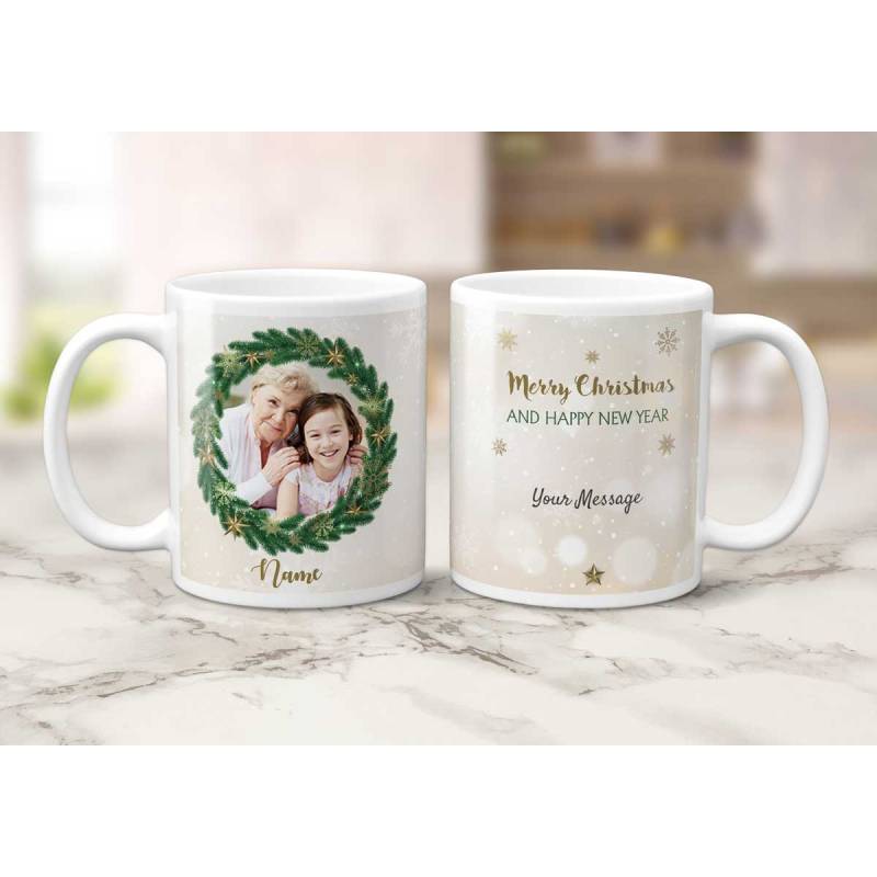 Any Photo Merry Christmas Wreath - Personalised Mug