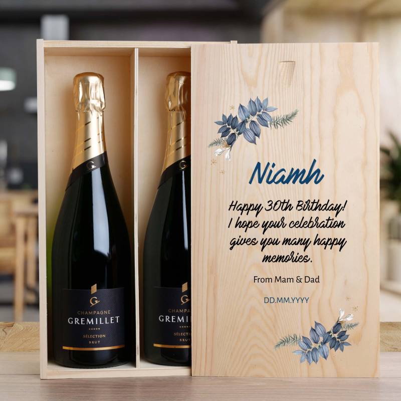 Any Name And Any Message Flowers - Personalised Wooden Double Champagne Box