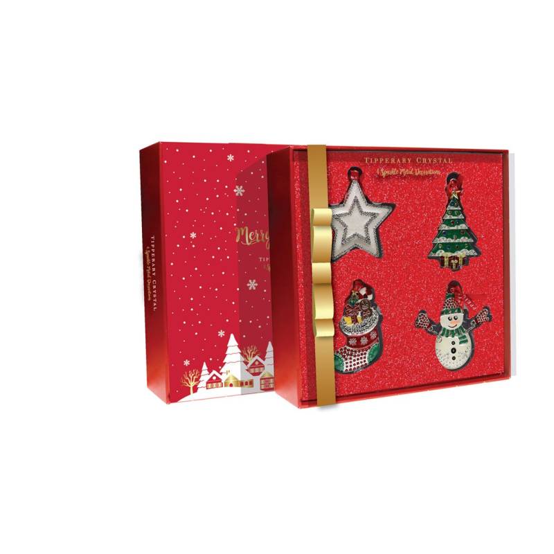 Tipperary Sparkle Christmas Decorations Red Insert Set of 4 (Stocking, Tree, Snowman, Star)