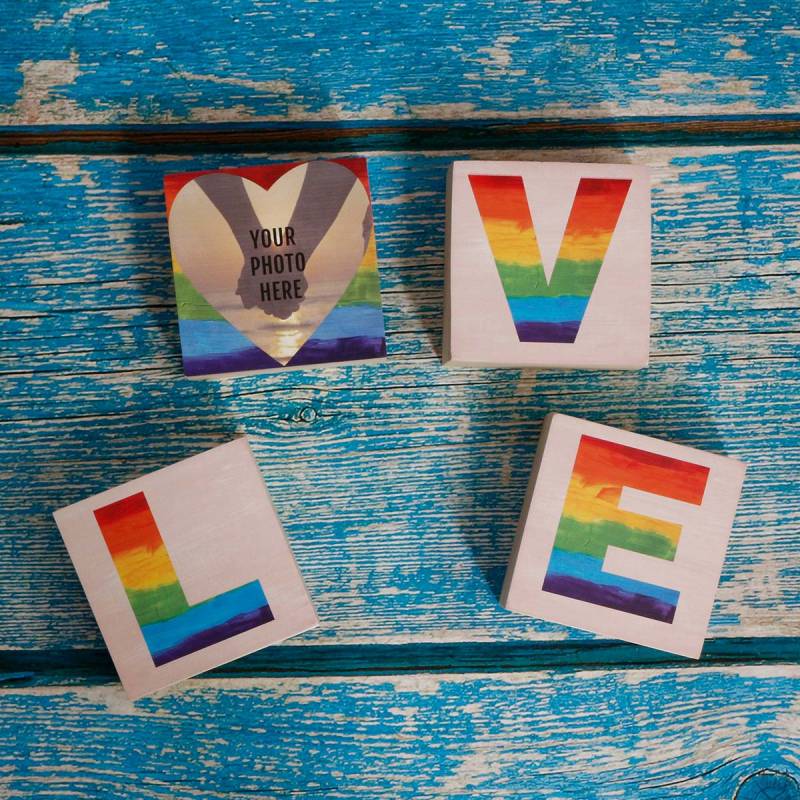 Rainbow Letters Love and Photo - 3x3 Wooden Photo Blocks