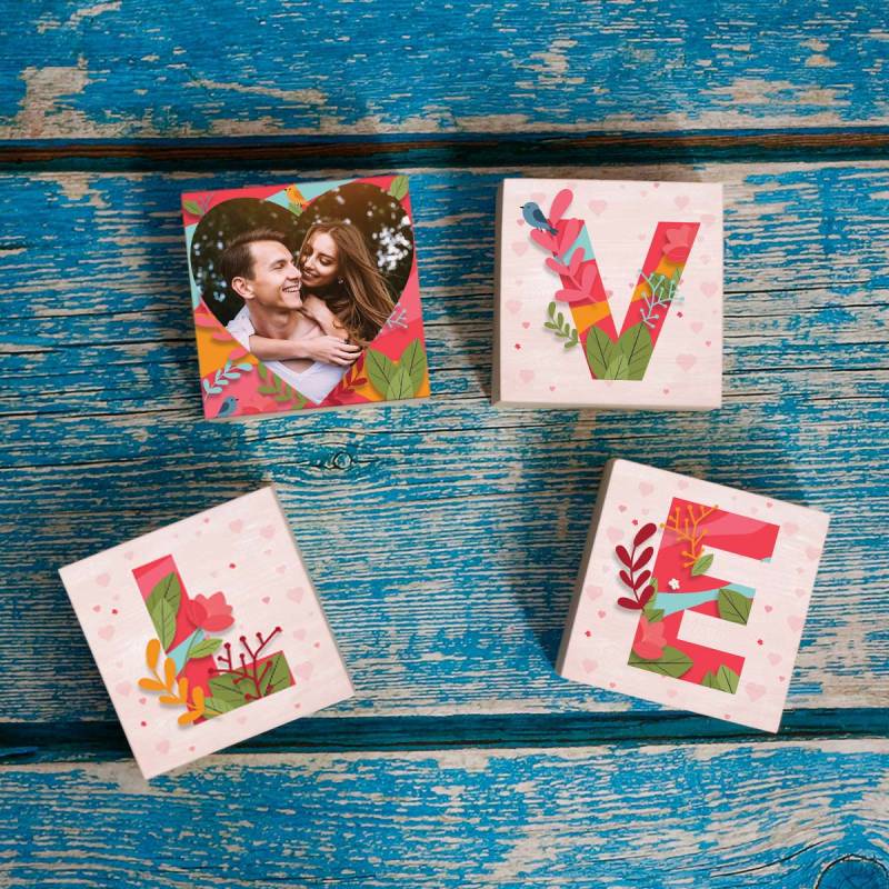 Flowers Love Letters and Photo - 3x3 Wooden Photo Blocks