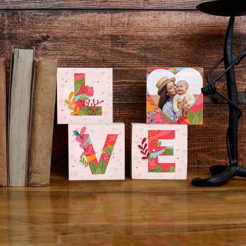 Flowers Love Letters and Photo - 3x3 Wooden Photo Blocks