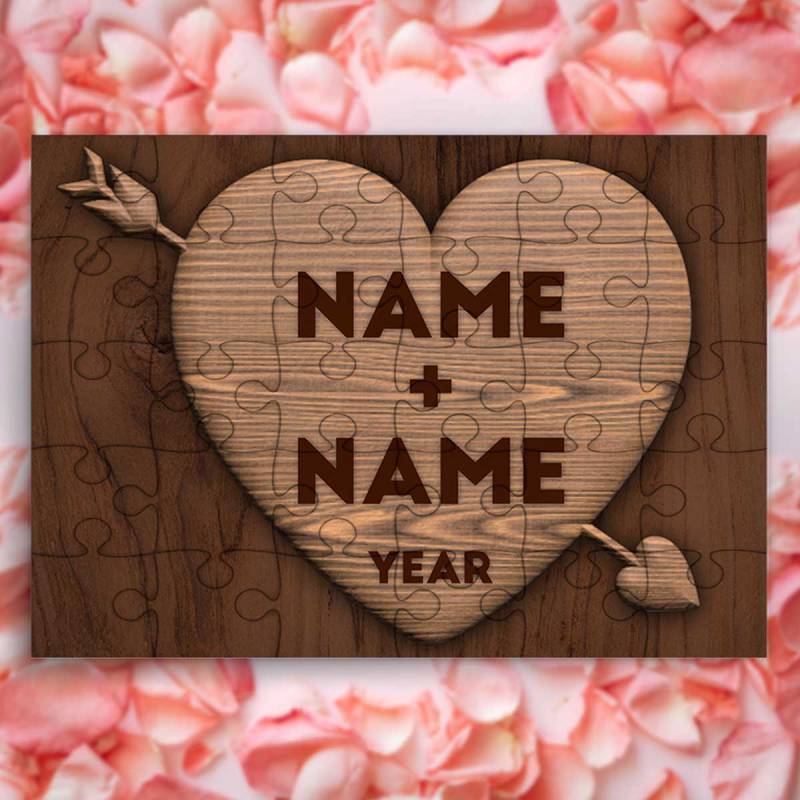 Any Names And Year Wooden Heart Personalised Jigsaw