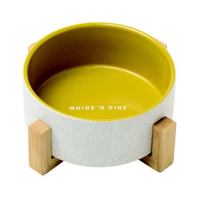 Ceramic Dog Bowl With Bamboo Stand - Yellow