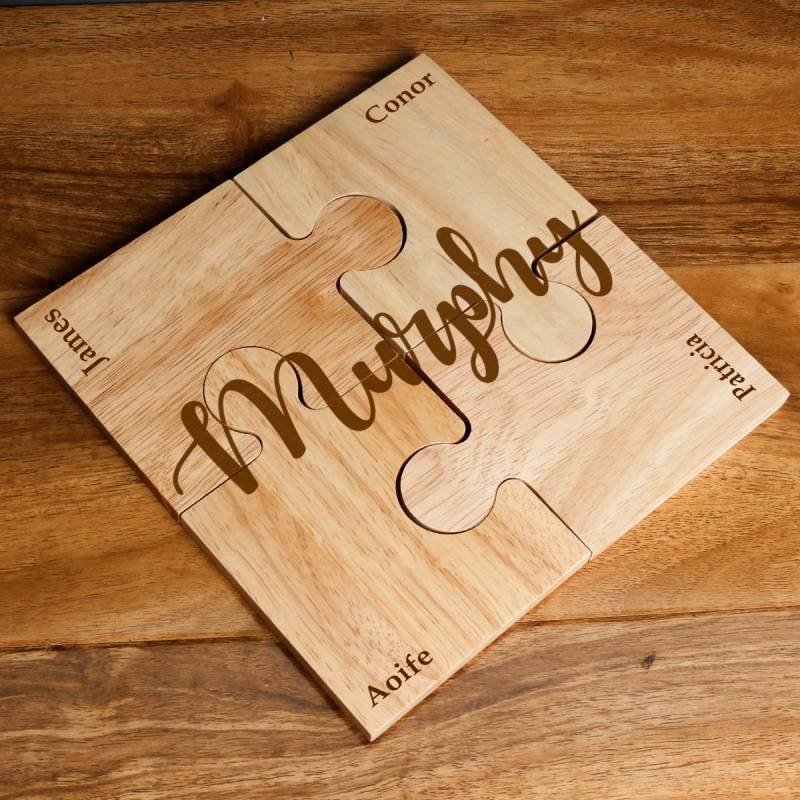 Four Names and Surname - Personalised Wooden Jigsaw Coaster Set