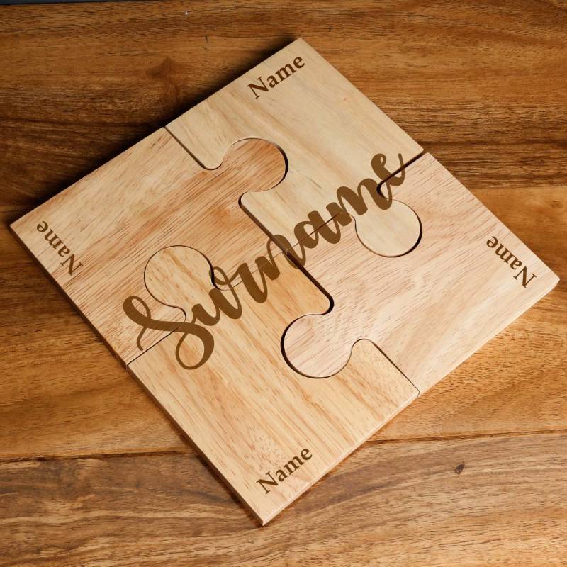 Four Names and Surname - Personalised Wooden Jigsaw Coaster Set