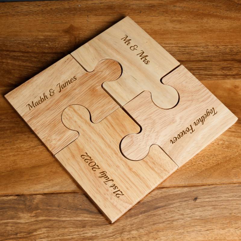 Any Text - Personalised Wooden Jigsaw Coaster Set