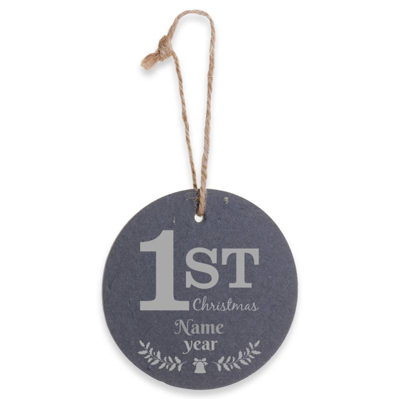 First Christmas - Personalised Round Slate Hanging Decoration