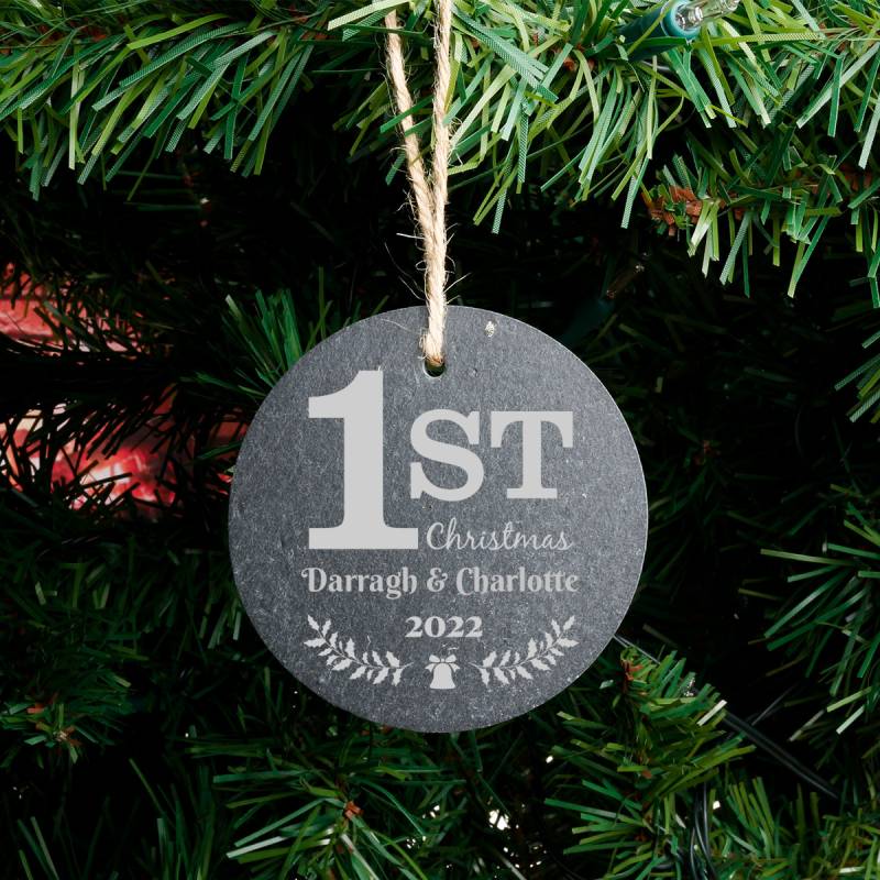 First Christmas - Personalised Round Slate Hanging Decoration