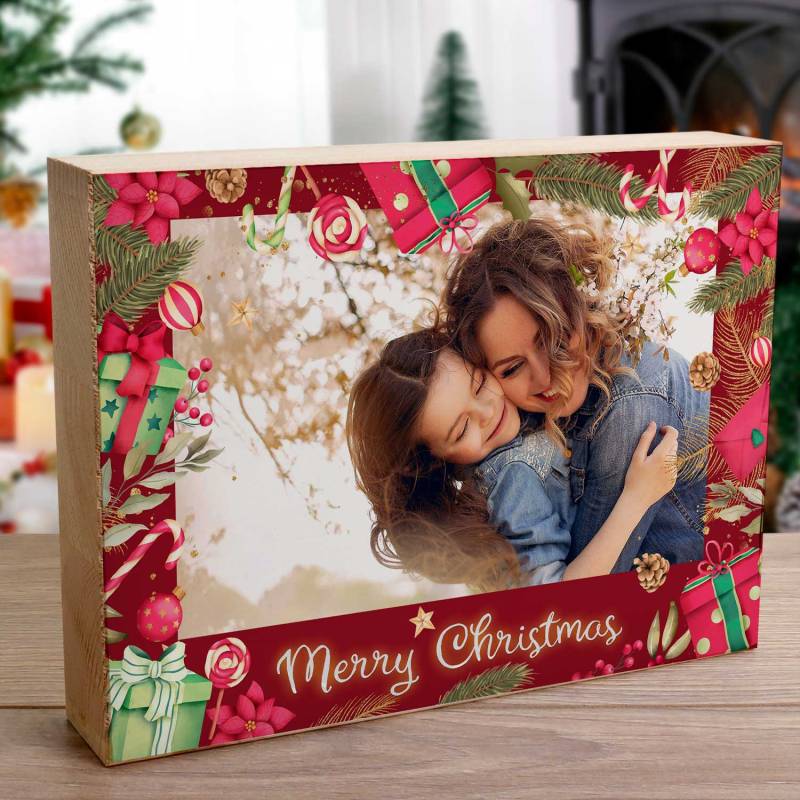 Any Photo Merry Christmas Red Design - Wooden Photo Blocks