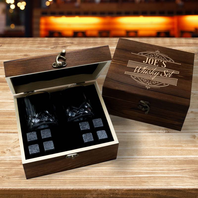 Any Name - Personalised 2 Glasses Wooden Boxed Whiskey Set