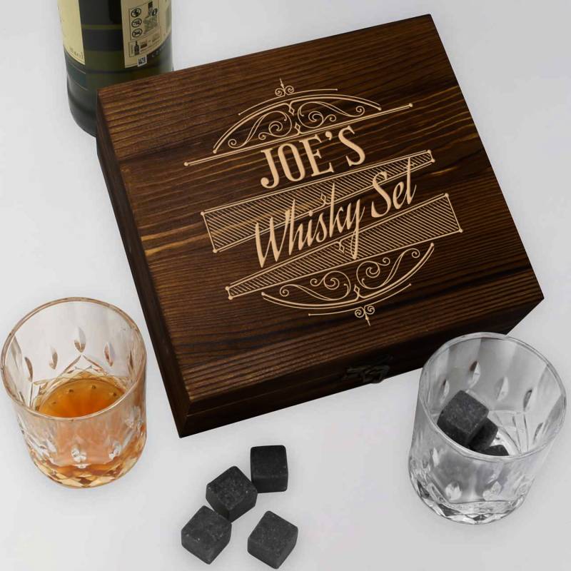 Any Name - Personalised 2 Glasses Wooden Boxed Whiskey Set