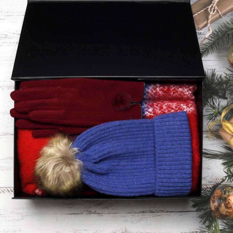 The Luxury Hat, Scarf & Glove Gift Set - Red & Blue