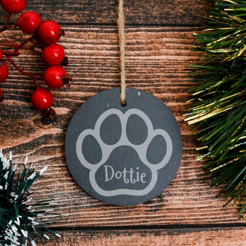 Any Name on Pet's Paw - Personalised Round Slate Hanging Decoration