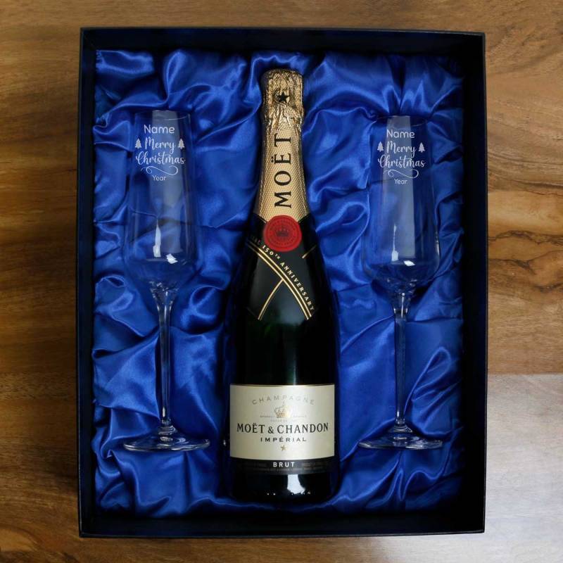 Merry Christmas - Moet & Chandon Champagne with Personalised Crystal Flutes in Gift Box