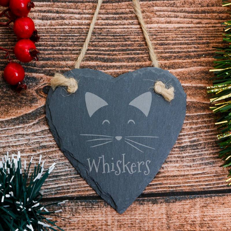 Cat's Name - Personalised Heart Slate Hanging Decoration