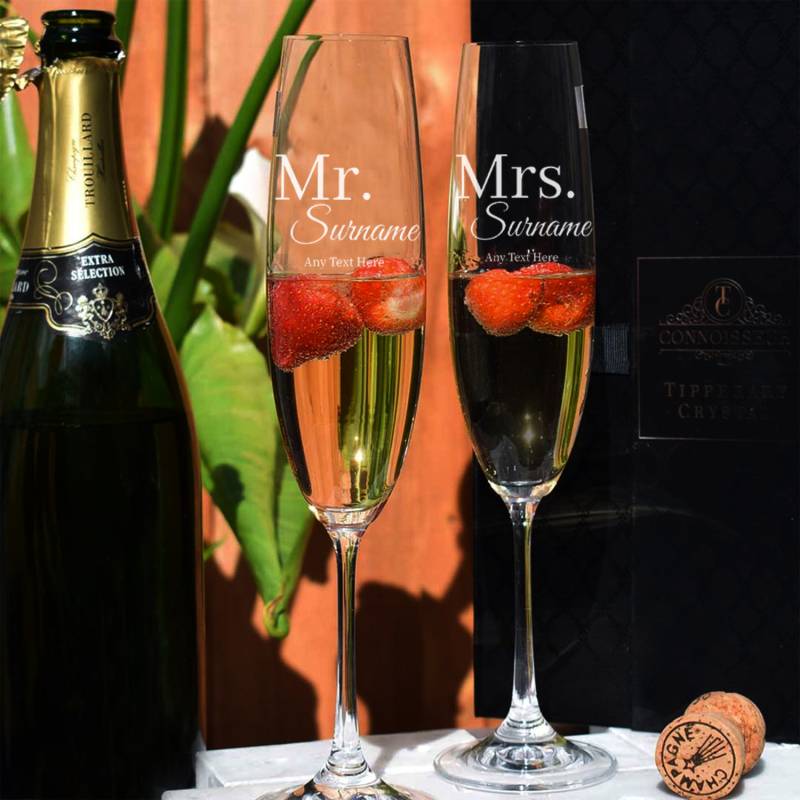 Mr. & Mrs.Surname Personalised Set of 2 Champagne Flutes in Gift Box from Tipperary Crystal