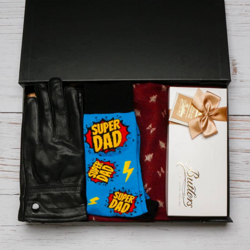 The Super Dad's Luxury Burgundy Scarf, Gloves, Socks & Chocs Hamper