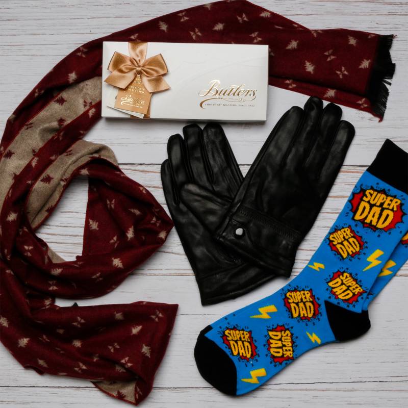 The Super Dad's Luxury Burgundy Scarf, Gloves, Socks & Chocs Hamper