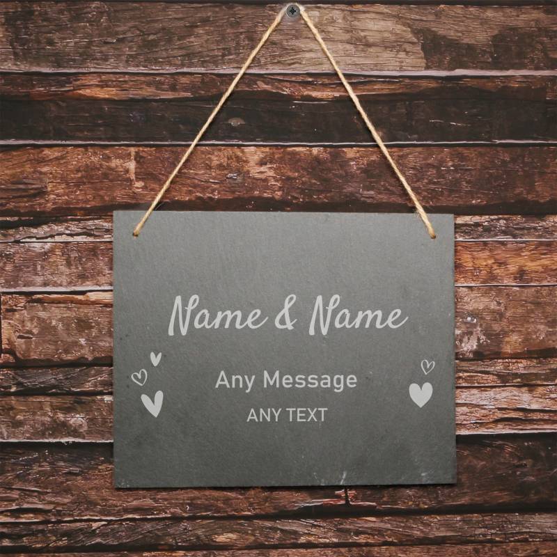 Any Text and Hearts - Personalised Large Hanging Slate