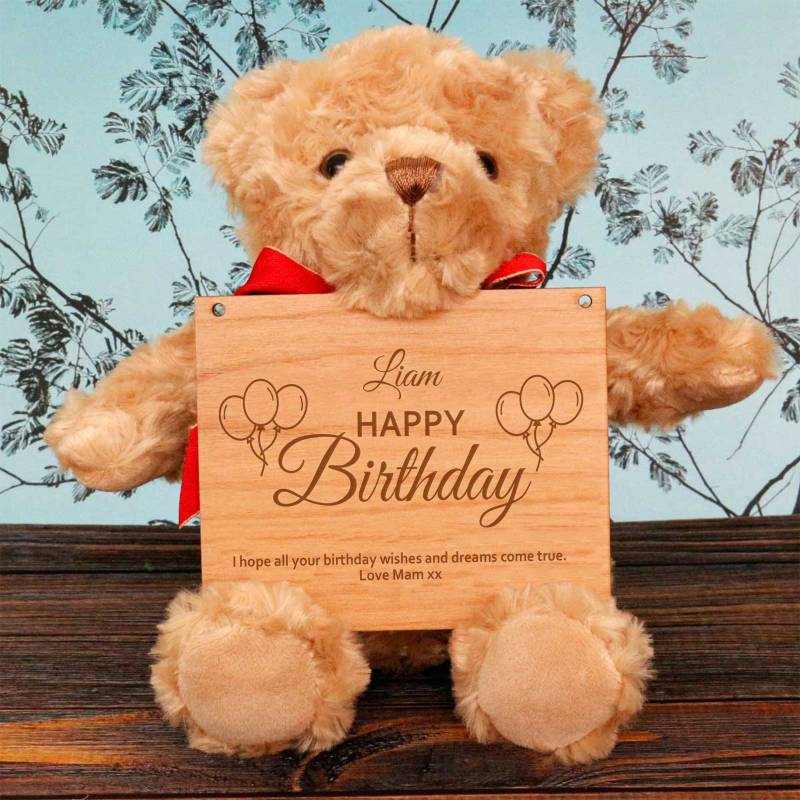 Happy Birthday - Wooden Plaque Personalised Teddy Bear