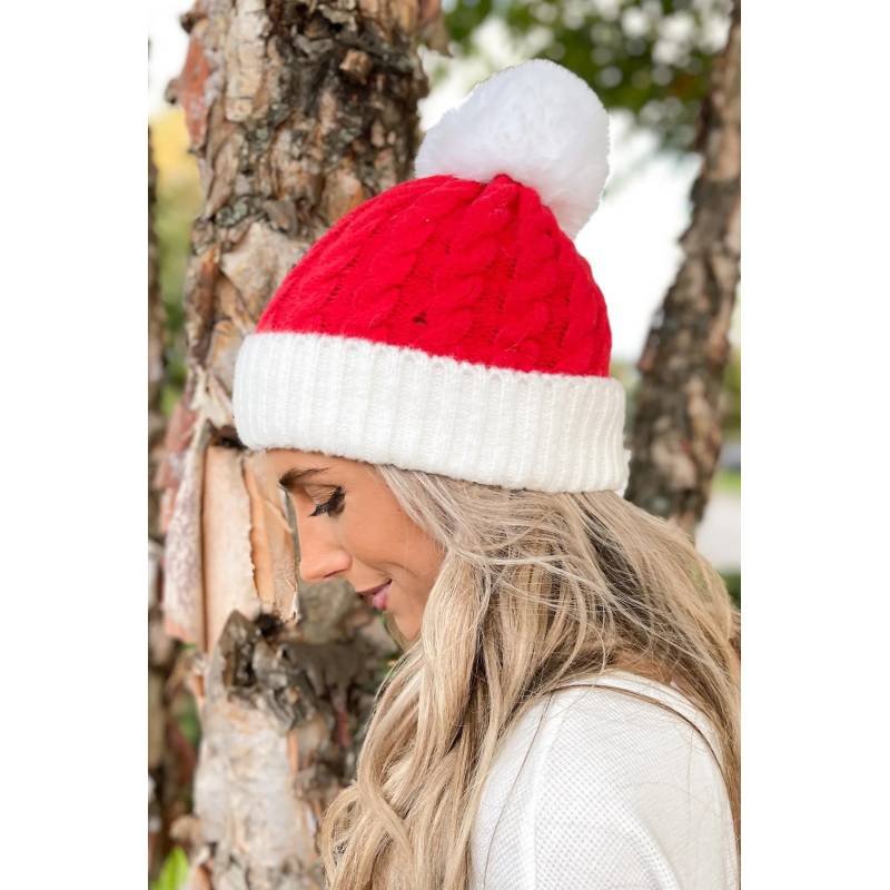 Santa Hat, Cable Knit Faux Fur Pom Pom, Red.