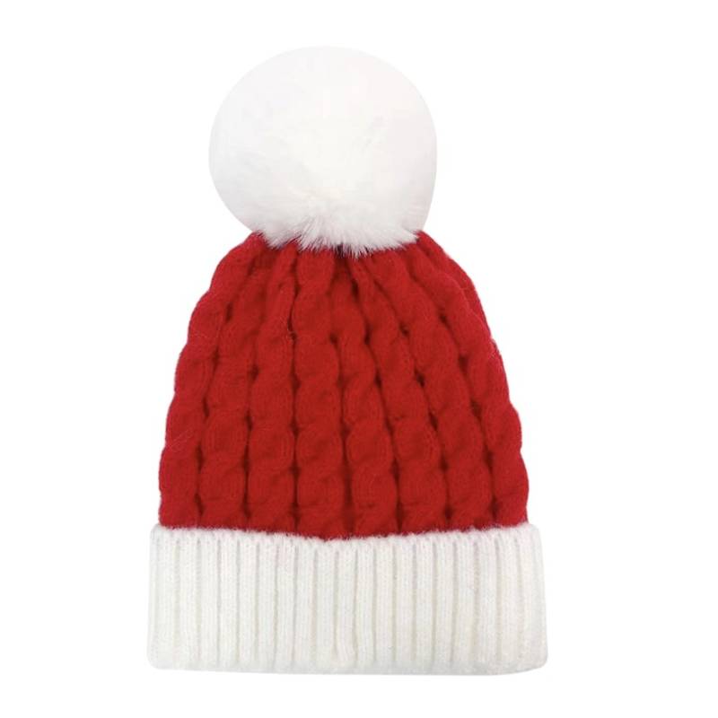 Santa Hat, Cable Knit Faux Fur Pom Pom, Red.