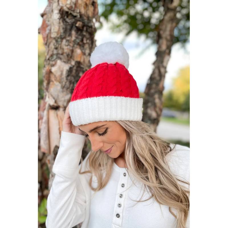 Santa Hat, Cable Knit Faux Fur Pom Pom, Red.