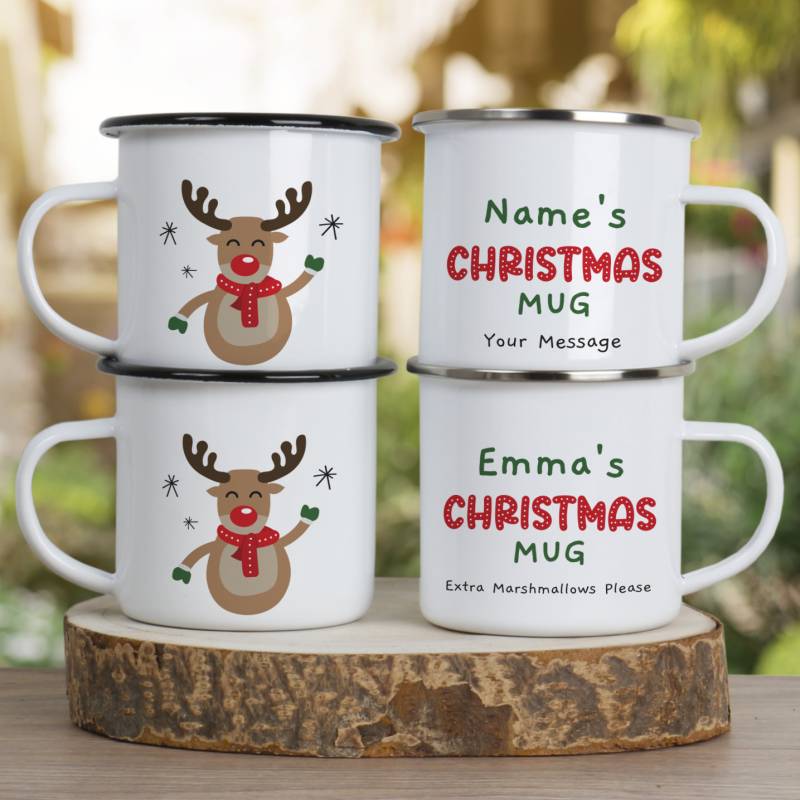 Any Name Christmas Mug Reindeer - Personalised Enamel Mug