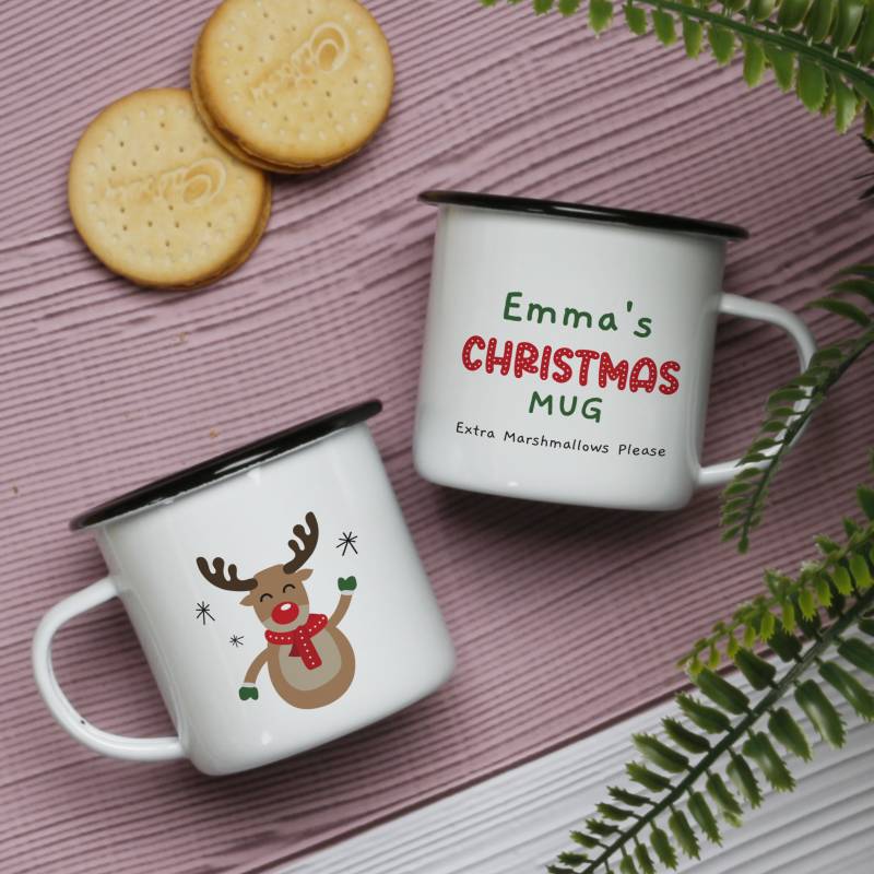 Any Name Christmas Mug Reindeer - Personalised Enamel Mug