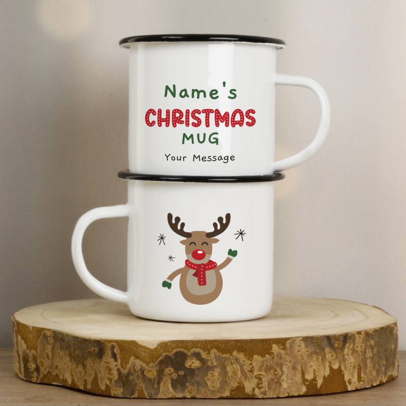 Any Name Christmas Mug Reindeer - Personalised Enamel Mug