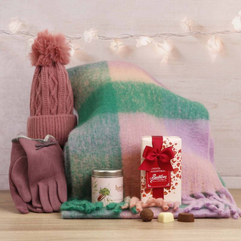 Luxury Scarf Cosy Set With Chocs & Candle - Dusty Pink, Green & Purple