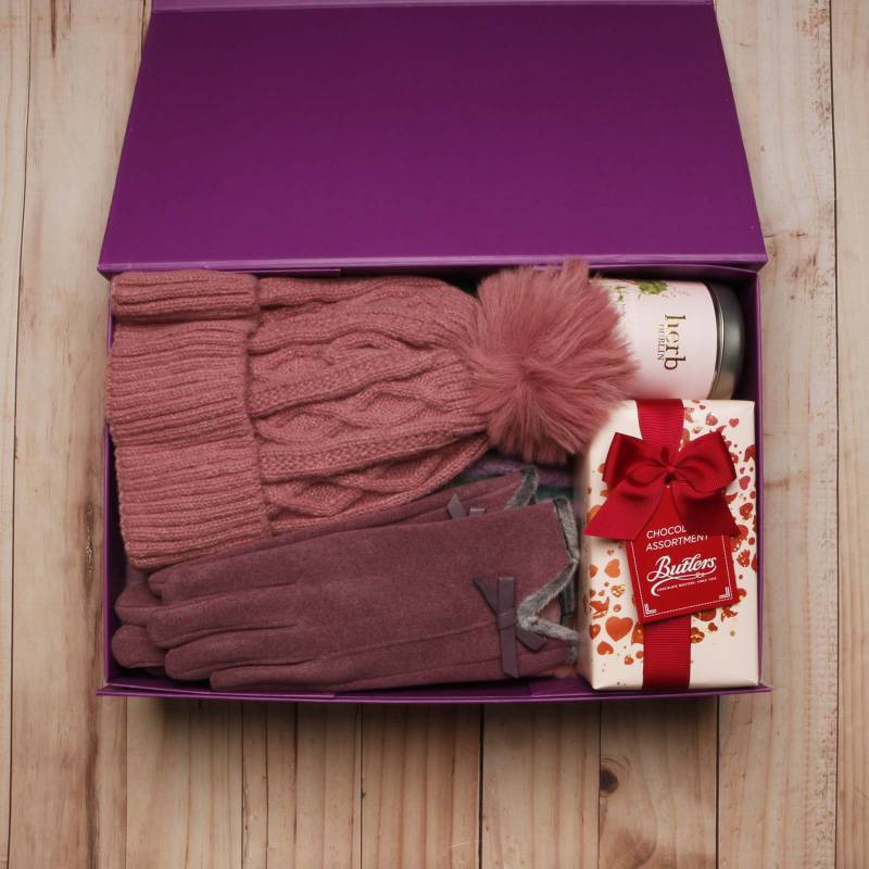 Luxury Scarf Cosy Set With Chocs & Candle - Dusty Pink, Green & Purple