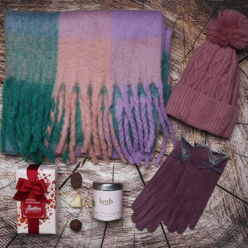 Luxury Scarf Cosy Set With Chocs & Candle - Dusty Pink, Green & Purple