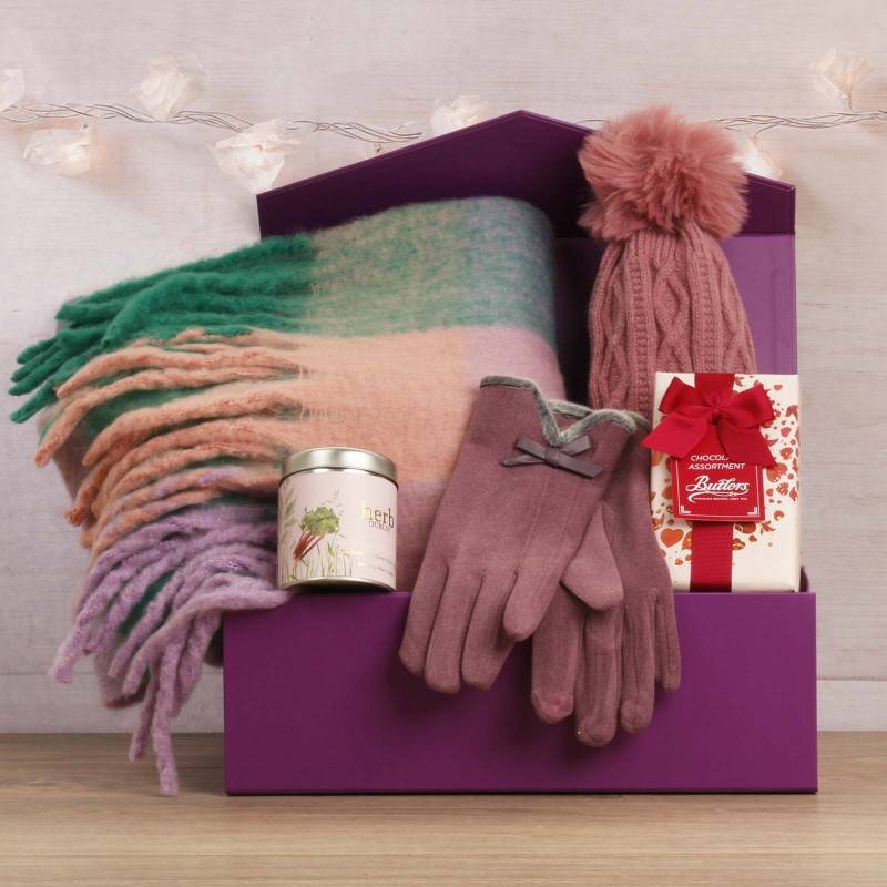 Luxury Scarf Cosy Set With Chocs & Candle - Dusty Pink, Green & Purple