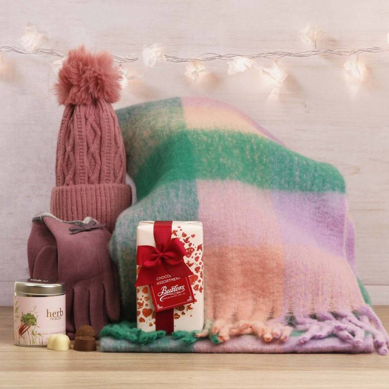 Luxury Scarf Cosy Set With Chocs & Candle - Dusty Pink, Green & Purple