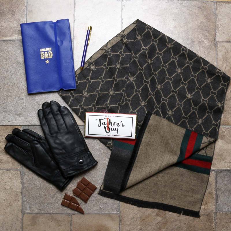 The Father's Day Luxury Grey, Green & Red Scarf, Gloves, Notebook & Pen Gift Set