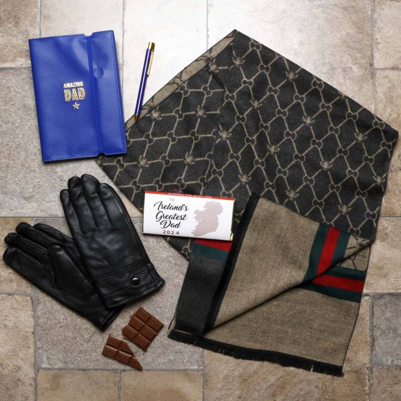 The Best Dad Luxury Grey, Green & Red Scarf, Gloves, Notebook & Pen Gift Set