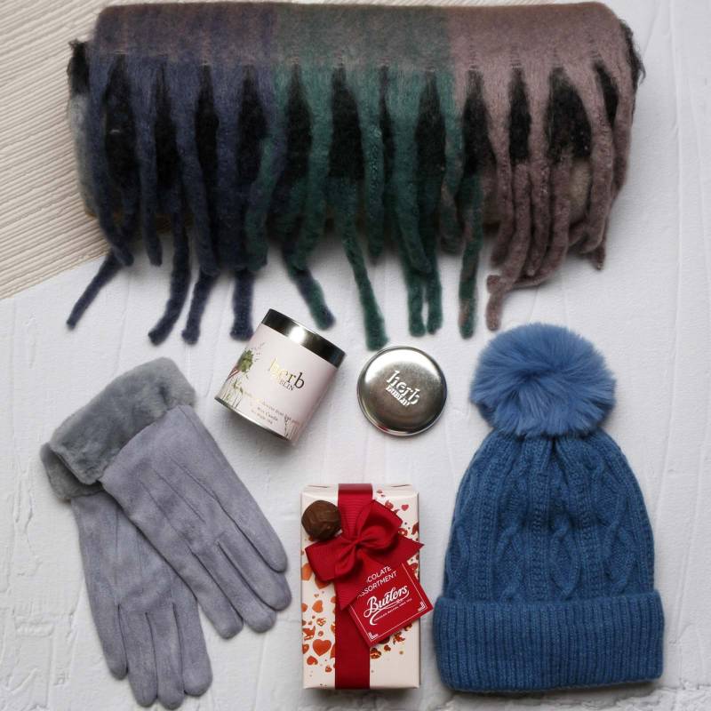 Luxury Scarf Cosy Set With Chocs & Candle - Blue, Grey & Camel