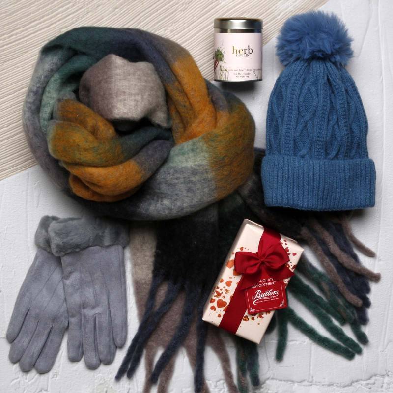 Luxury Scarf Cosy Set With Chocs & Candle - Blue, Grey & Camel