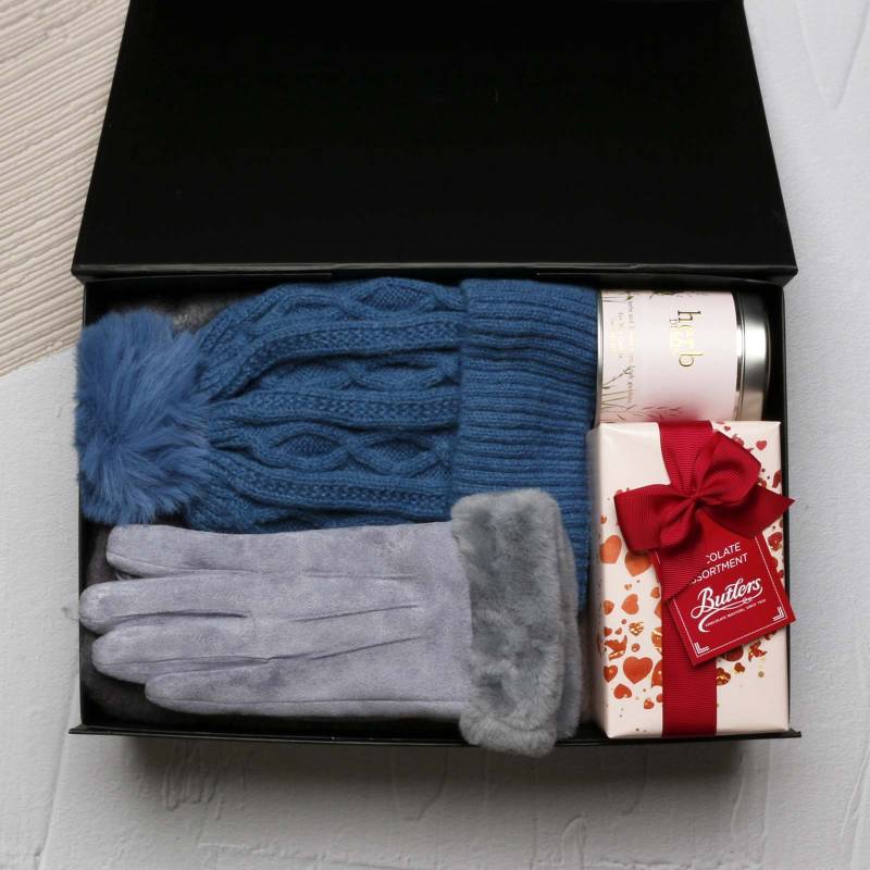 Luxury Scarf Cosy Set With Chocs & Candle - Blue, Grey & Camel