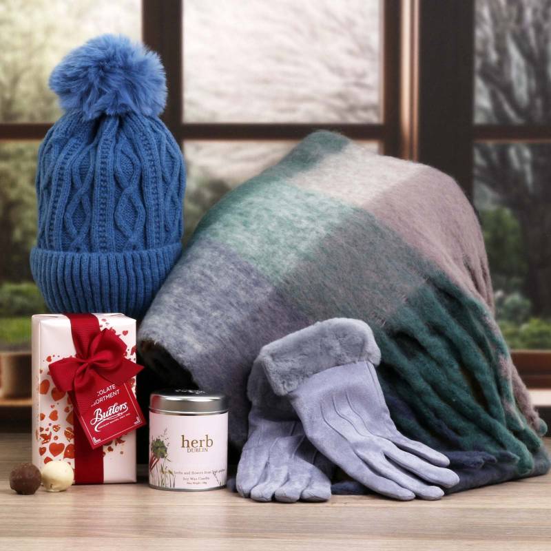 Luxury Scarf Cosy Set With Chocs & Candle - Blue, Grey & Camel