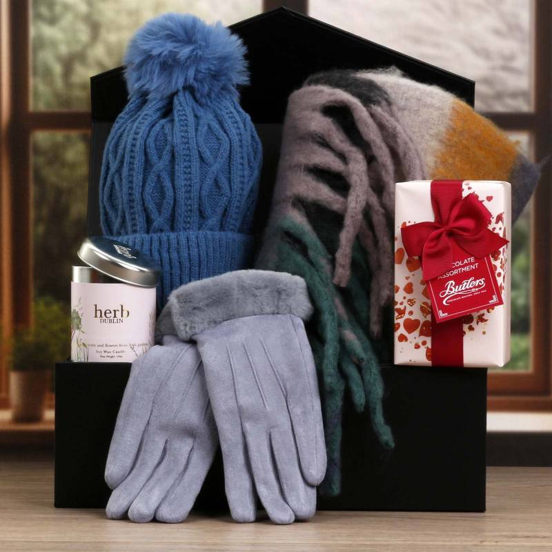 Luxury Scarf Cosy Set With Chocs & Candle - Blue, Grey & Camel