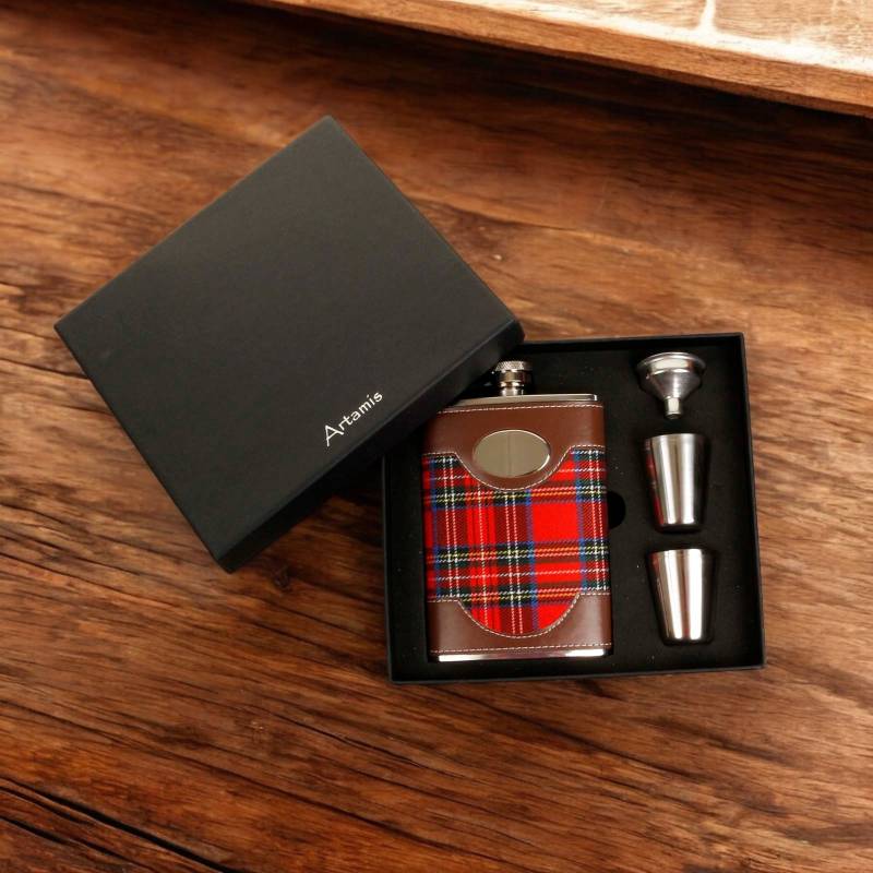 Tartan Hipflask with Cups and Funnel