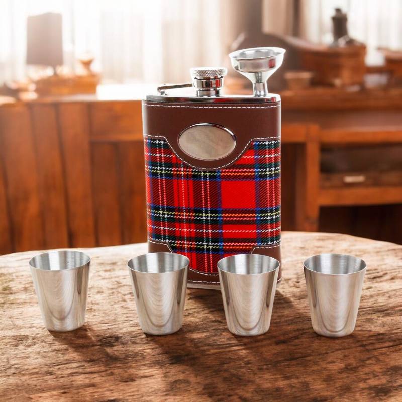 Tartan Hipflask with Cups and Funnel